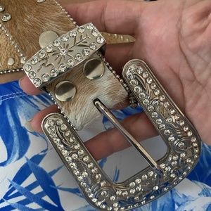 Genuine Leather Rhinestones Hair Hide Women Belt 46" long